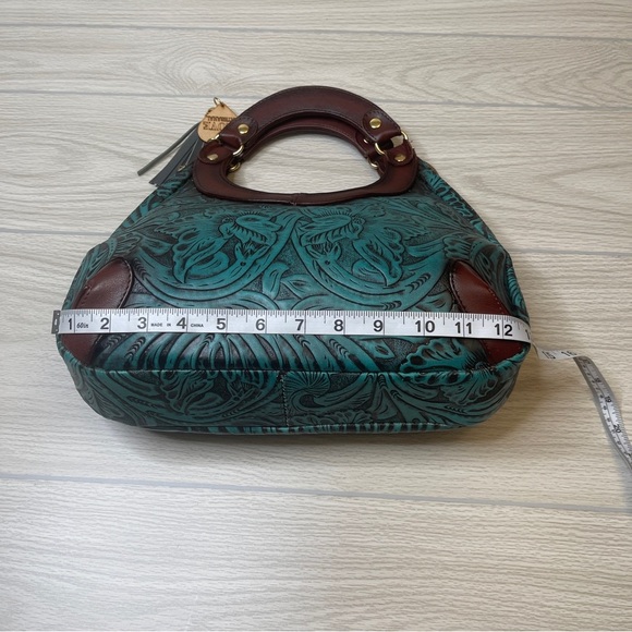 Artesanal Hand Tooled & Painted Vegan Leather Handbag Clutch Brown Turquoise - Picture 10 of 15